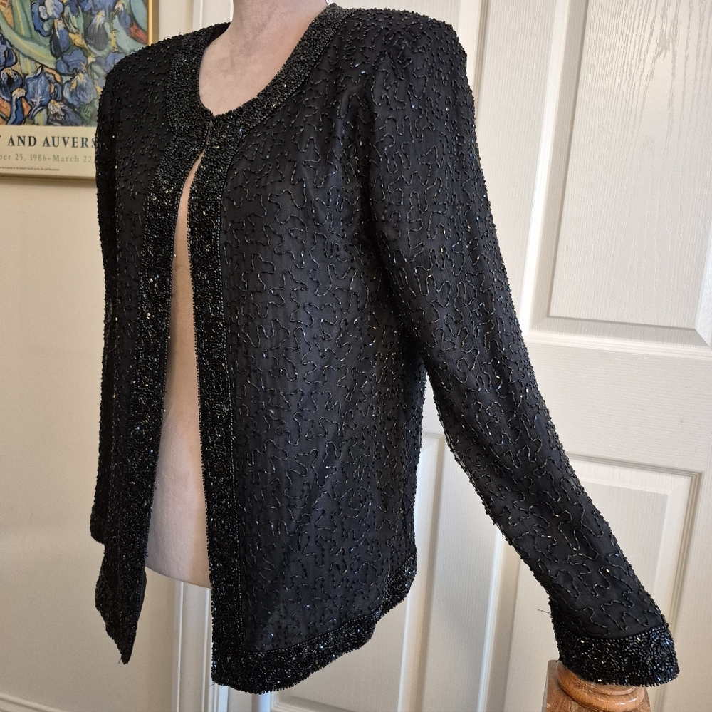 Laurence Kazar Elegant Black Beaded 100% Silk Jacket Blazer Size Medium - Picture 3 of 12